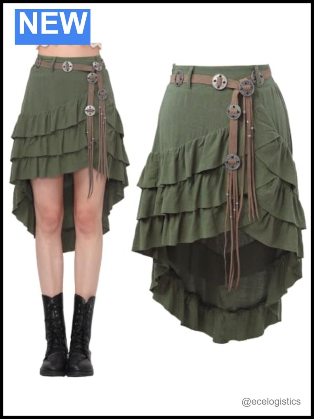 Lace Layered Renaissance Fairy Skirt Asymmetrical Hem Medieval Costume with Belt